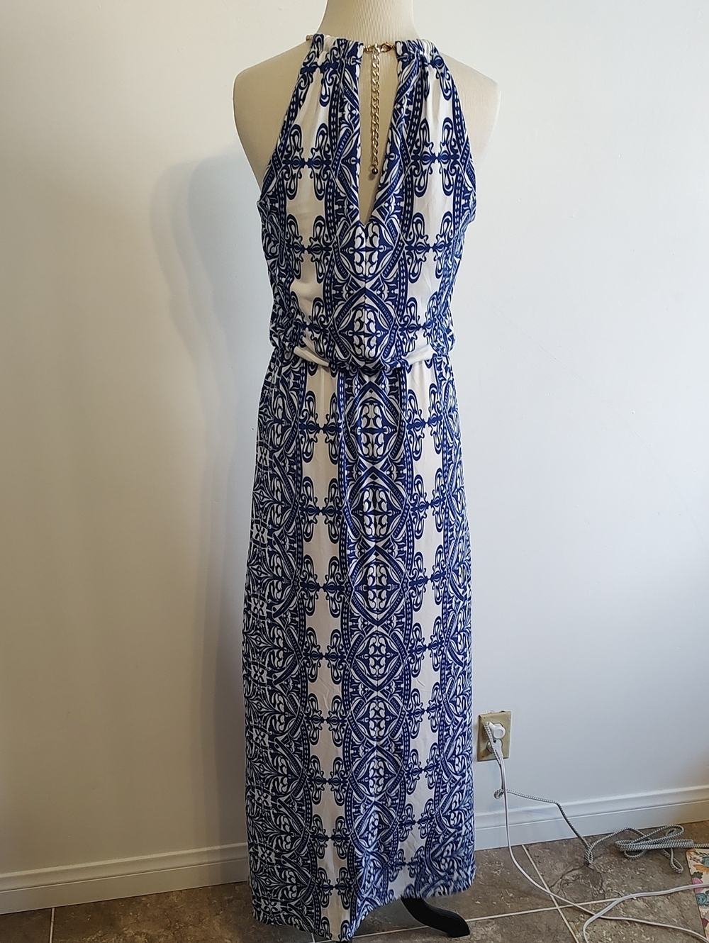 Bisou Bisou Navy and White Printed Halter Maxi Dress with Chain Detail - Picture 4 of 7